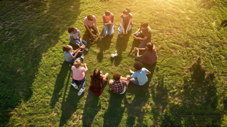 top-view-group-diverse-children-sitting-circle-grass-playing-with-white-duck